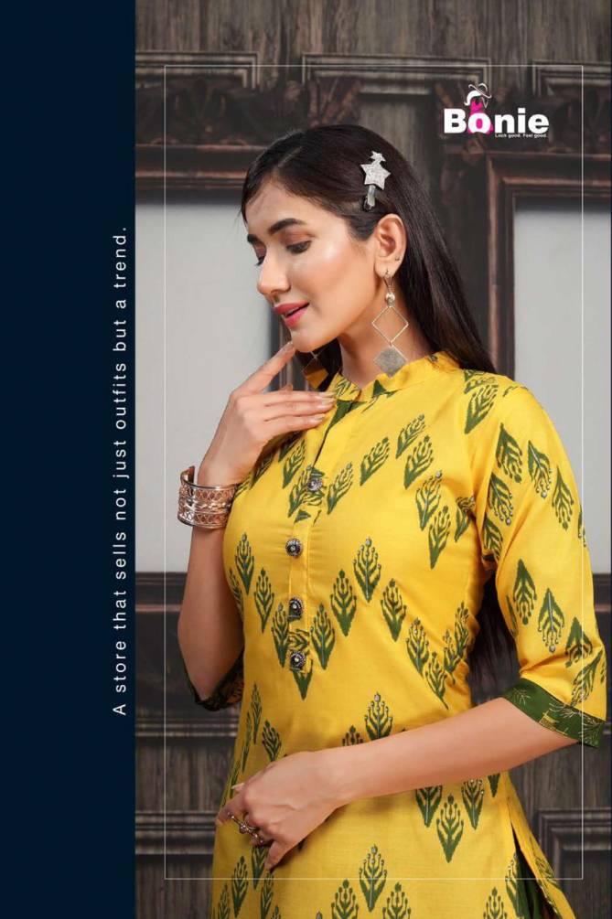 Bonie Meena 2 Latest Fancy Casual Wear Finest Quality Of Rayon Heavy Gold Printed Kurtis With Skirt Collection 